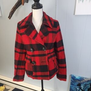 American Eagle Outfitters Red and Black Plaid Pea Coat